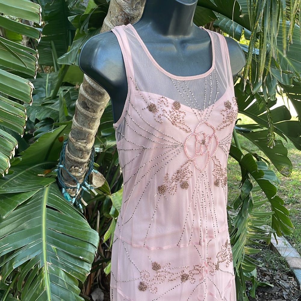 Newport News sheer beaded two piece drop waist asymmetric, sheer dress - Picture 4 of 11